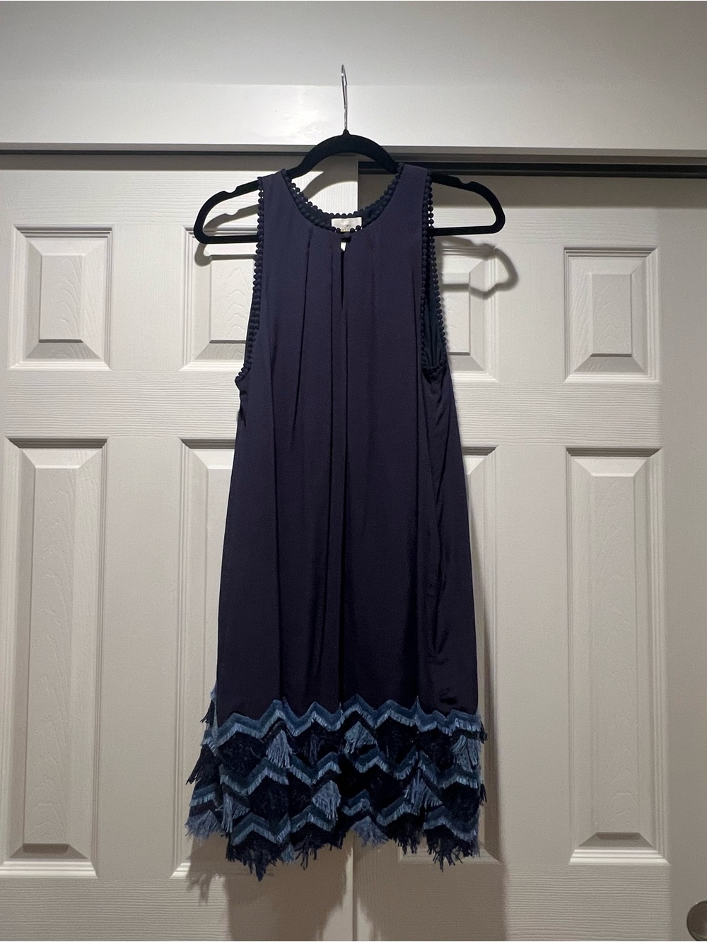 Maeve Navy Blue Sleeveless Fringe Hem Shift Dress